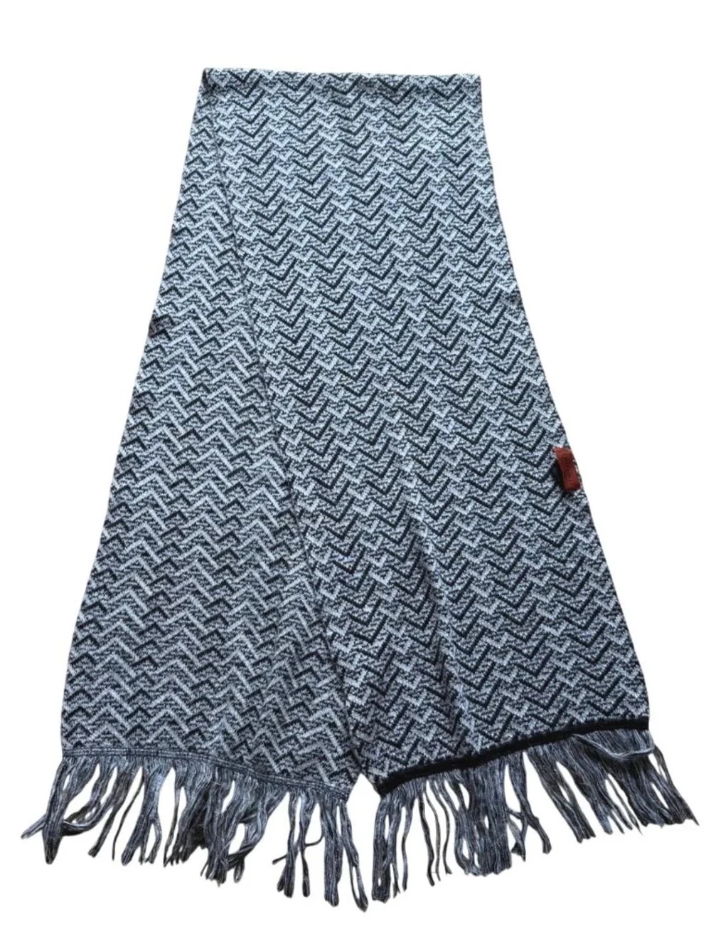 Missoni Italy Unisex Wrap Scarf Black White Chevron Wool Blend Fringe 86 x14 in